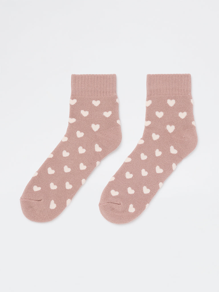 Wunderlove Beige Heart-Printed Cotton-Blend Socks