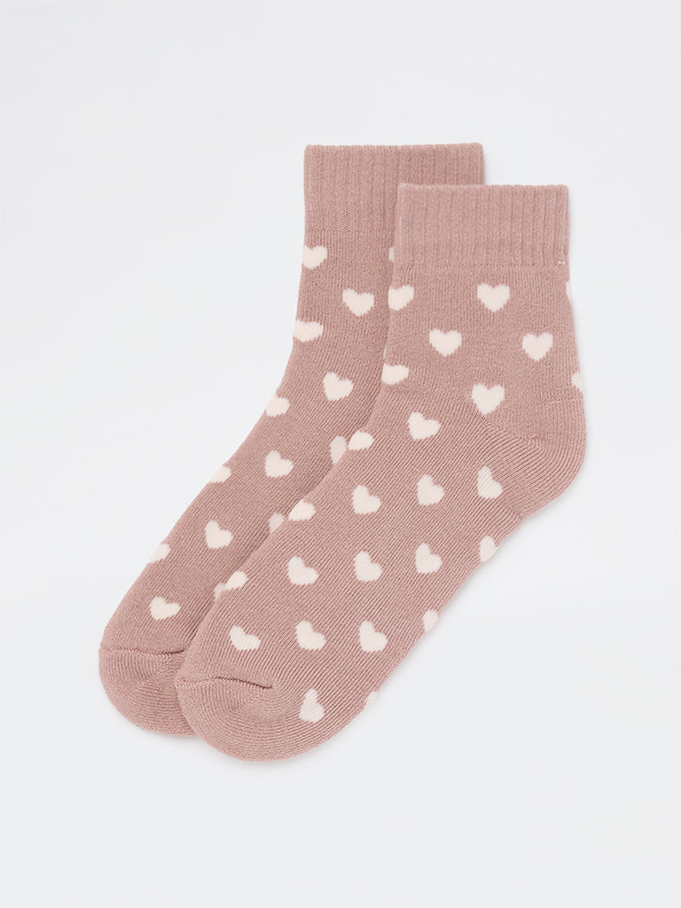 Wunderlove Beige Heart-Printed Cotton-Blend Socks