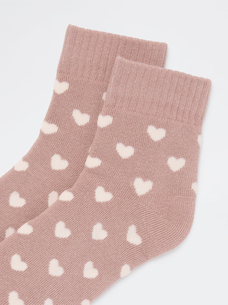 Wunderlove Beige Heart-Printed Cotton-Blend Socks