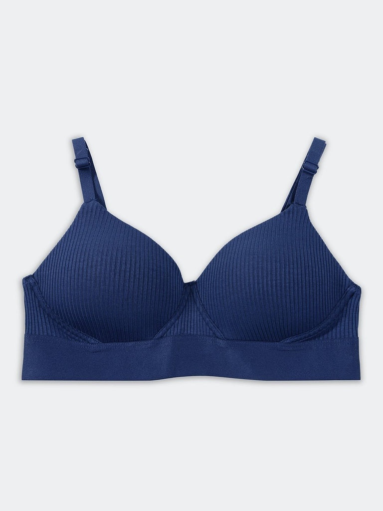Superstar Blue Ribbed-Textured Padded Cotton-Blend Bra