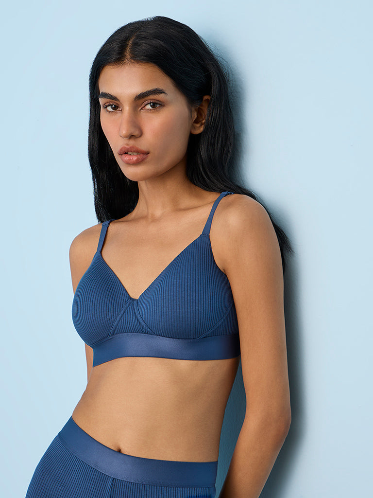 Superstar Blue Ribbed-Textured Padded Cotton-Blend Bra