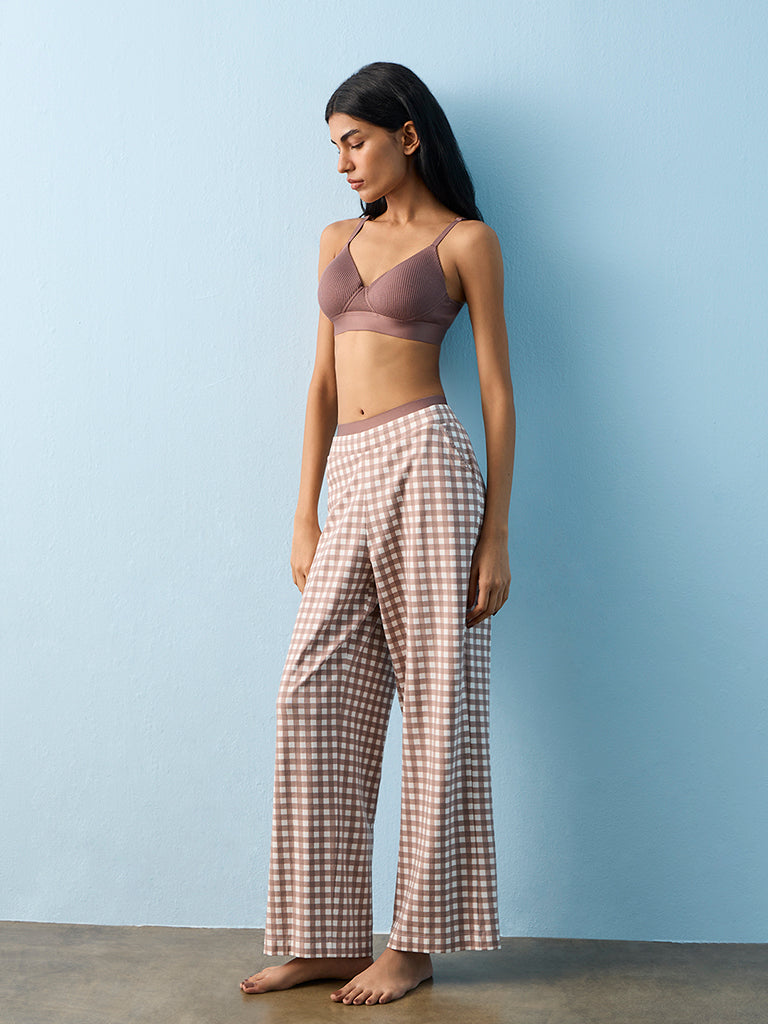 Superstar Brown Ribbed-Textured Padded Cotton-Blend Bra