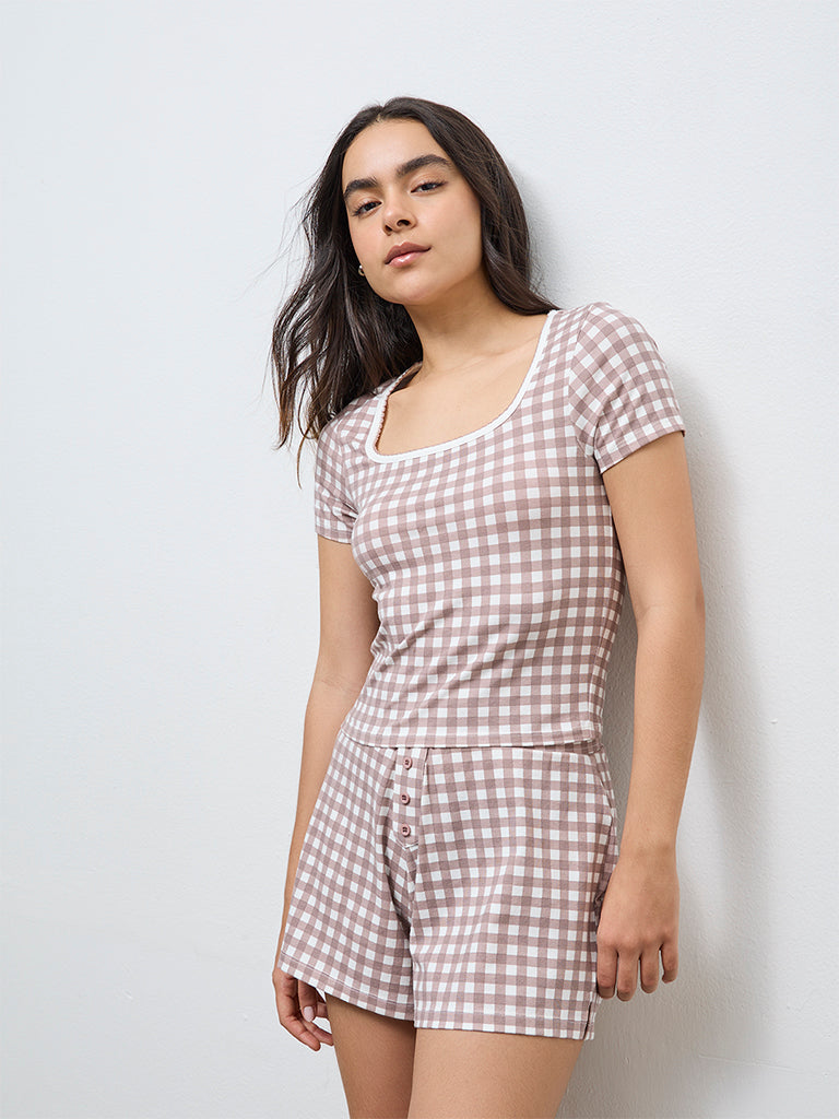 Superstar Brown Checks Printed Cotton-Blend Top