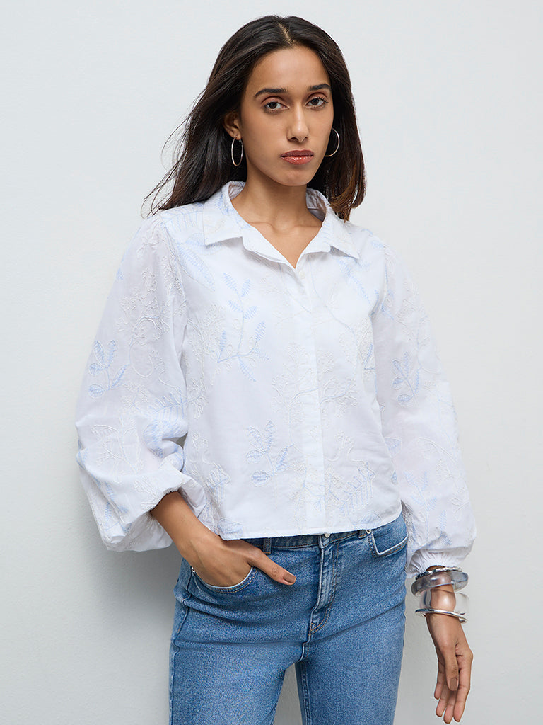 LOV White Floral Embroidered Cotton Shirt