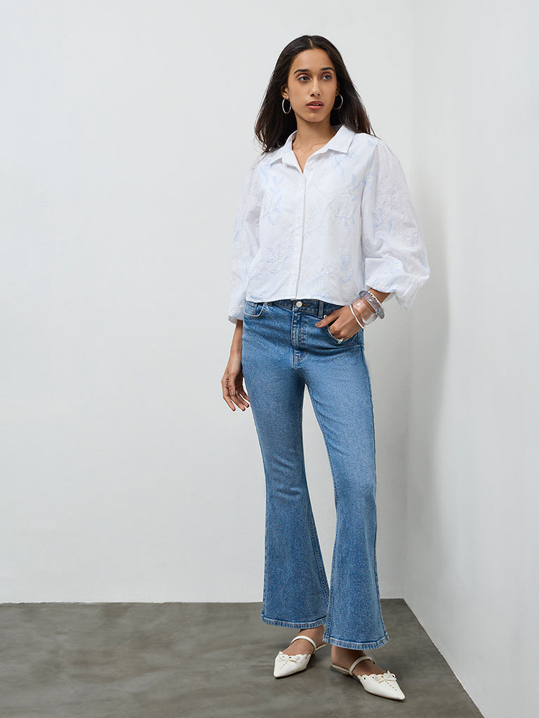 LOV White Floral Embroidered Cotton Shirt