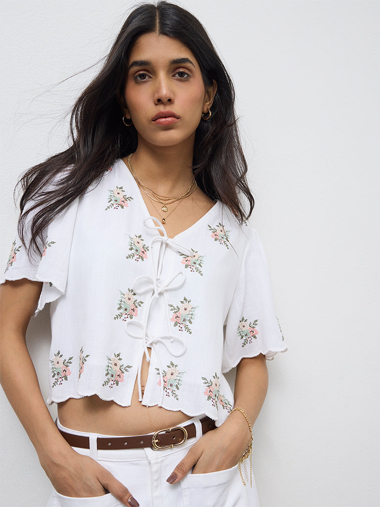 LOV White Floral Embroidered Top