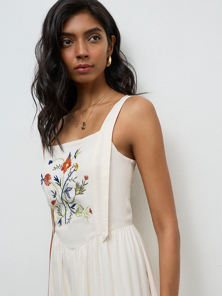 LOV Off-White Floral Embroidered A-Line Dress