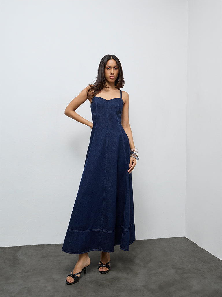 Buy LOV Dark Blue Denim A-Line Dress from Westside