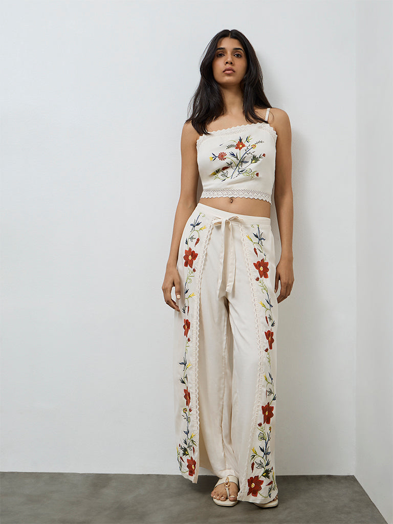 LOV Cream Embroidered High-Rise Pants