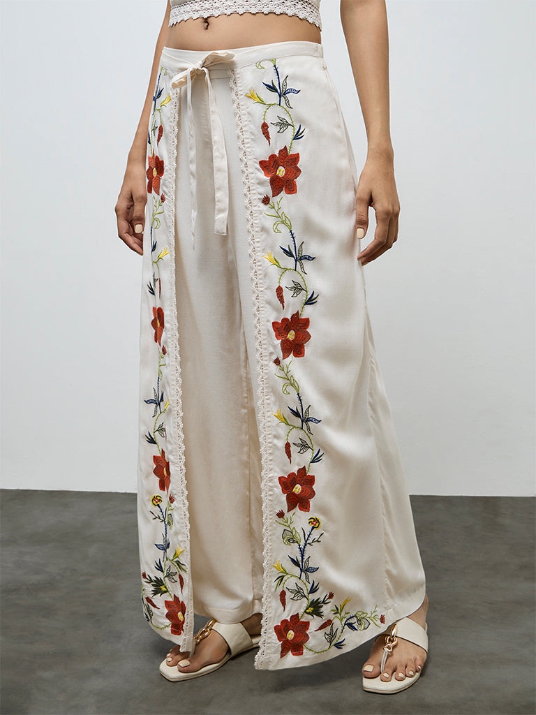 LOV Cream Embroidered High-Rise Pants