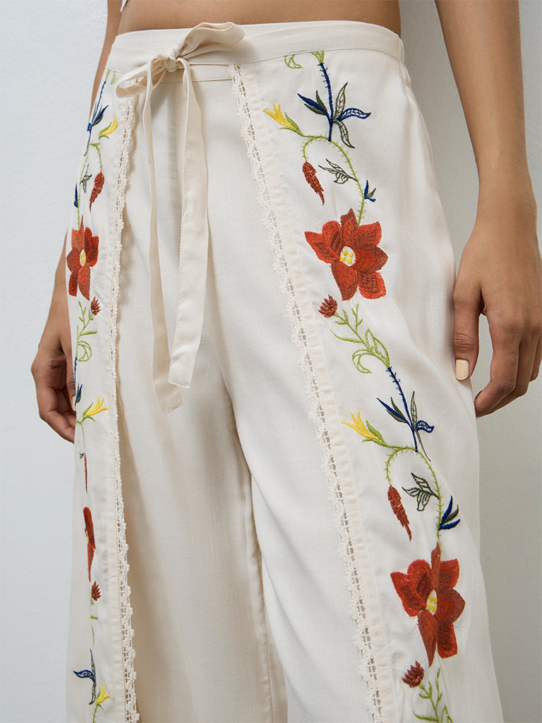 LOV Cream Embroidered High-Rise Pants