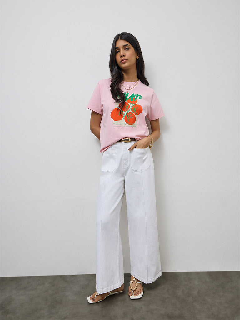 LOV Dusty Pink Graphic Printed Cotton-Blend T-Shirt