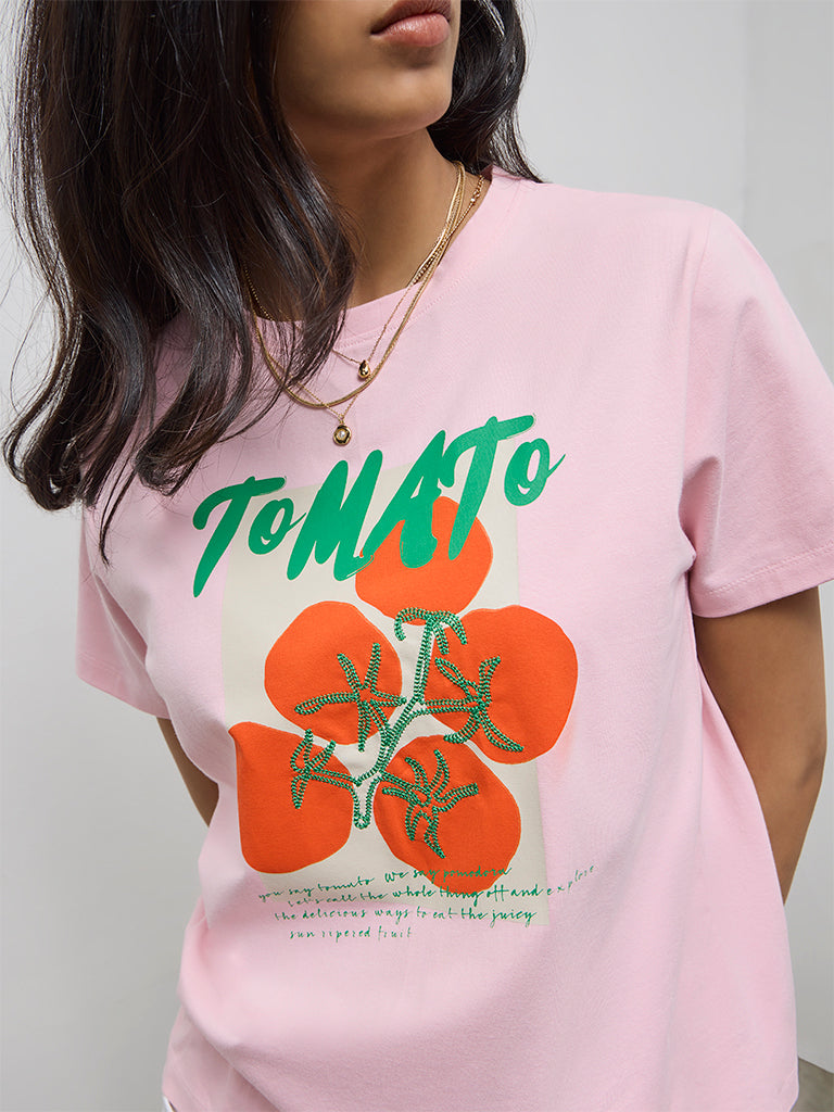 LOV Dusty Pink Graphic Printed Cotton-Blend T-Shirt