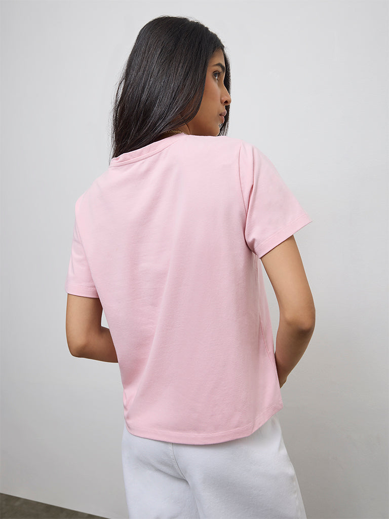 LOV Dusty Pink Graphic Printed Cotton-Blend T-Shirt