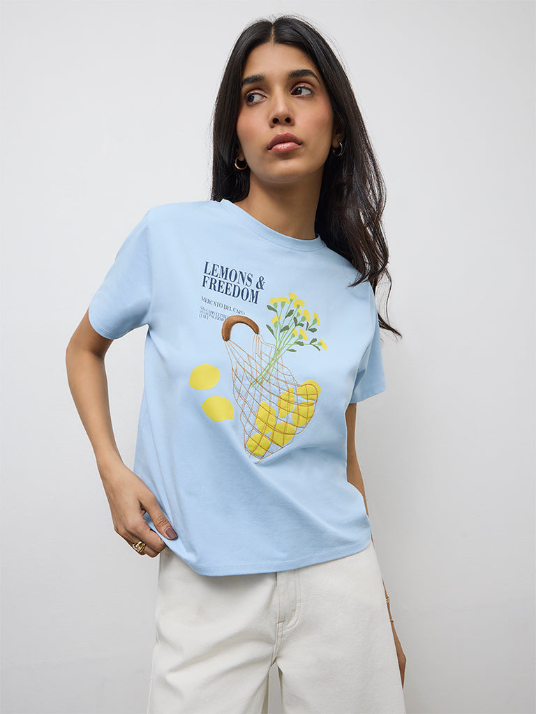 LOV Blue Graphic Design Cotton T-Shirt