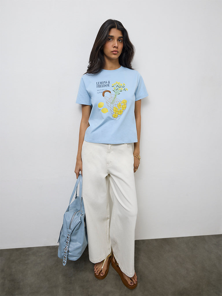 LOV Blue Graphic Design Cotton T-Shirt