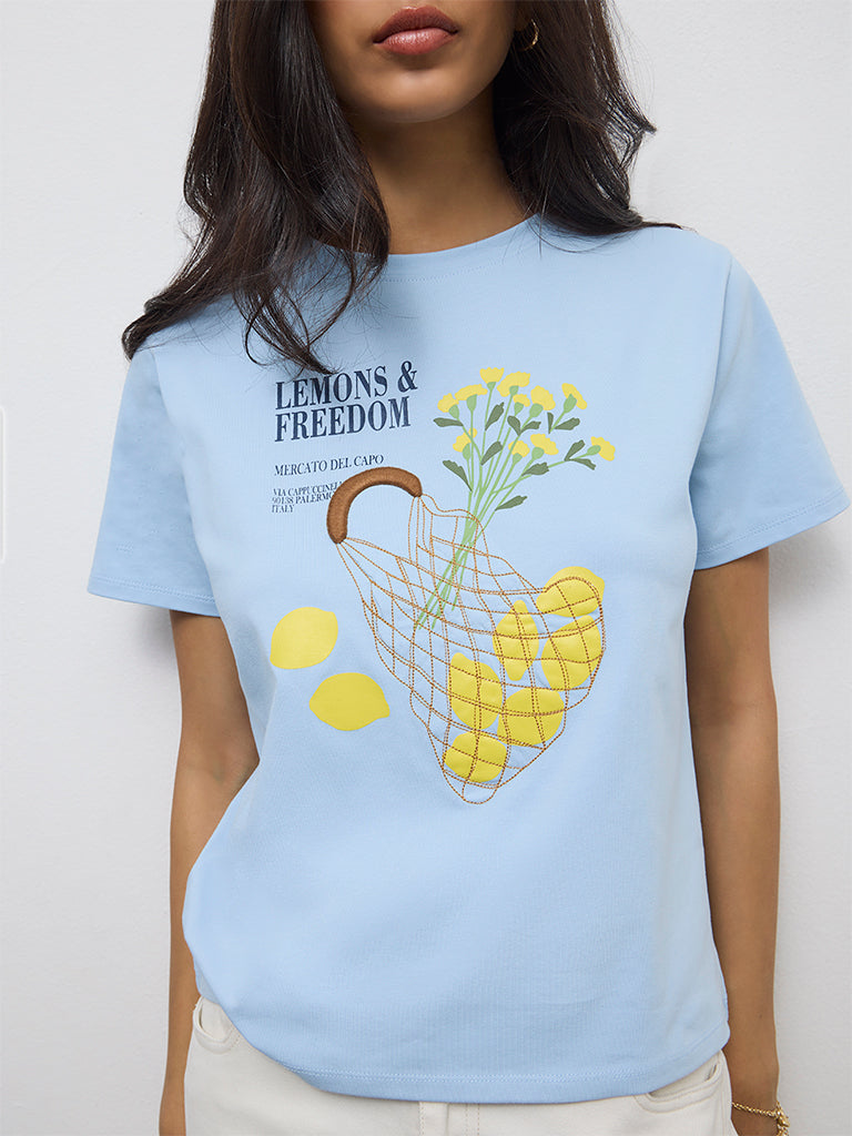 LOV Blue Graphic Design Cotton T-Shirt