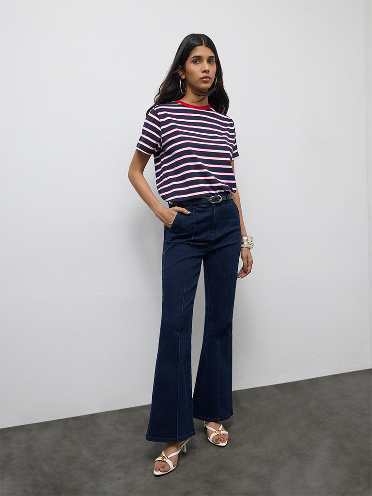 LOV Navy Striped Cotton-Blend T-Shirt