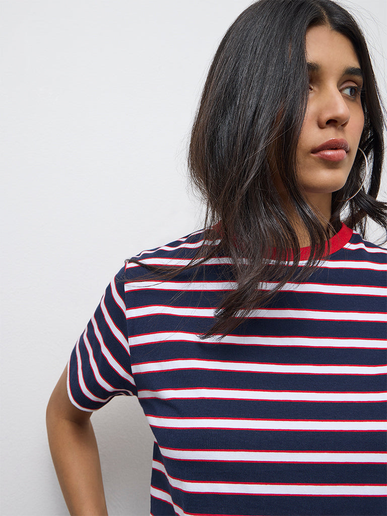 LOV Navy Striped Cotton-Blend T-Shirt