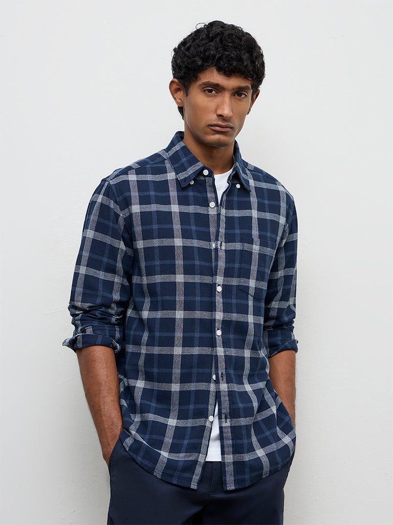 WES Casuals Navy Checkered Relaxed-Fit Cotton Shirt