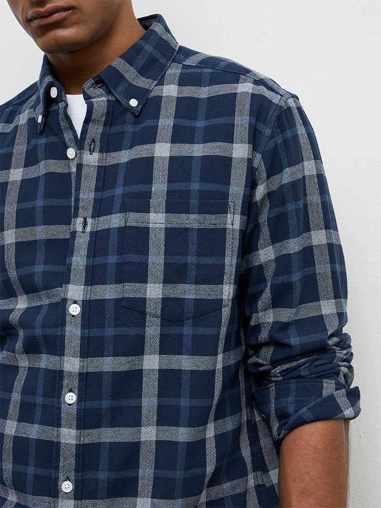 WES Casuals Navy Checkered Relaxed-Fit Cotton Shirt