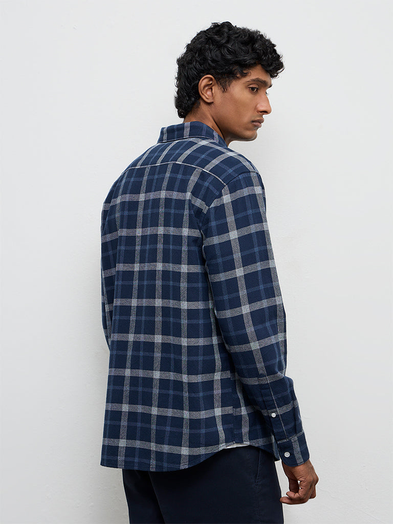 WES Casuals Navy Checkered Relaxed-Fit Cotton Shirt