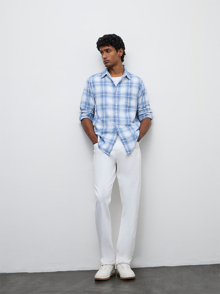 WES Casuals Blue Checkered Relaxed-Fit Cotton Shirt