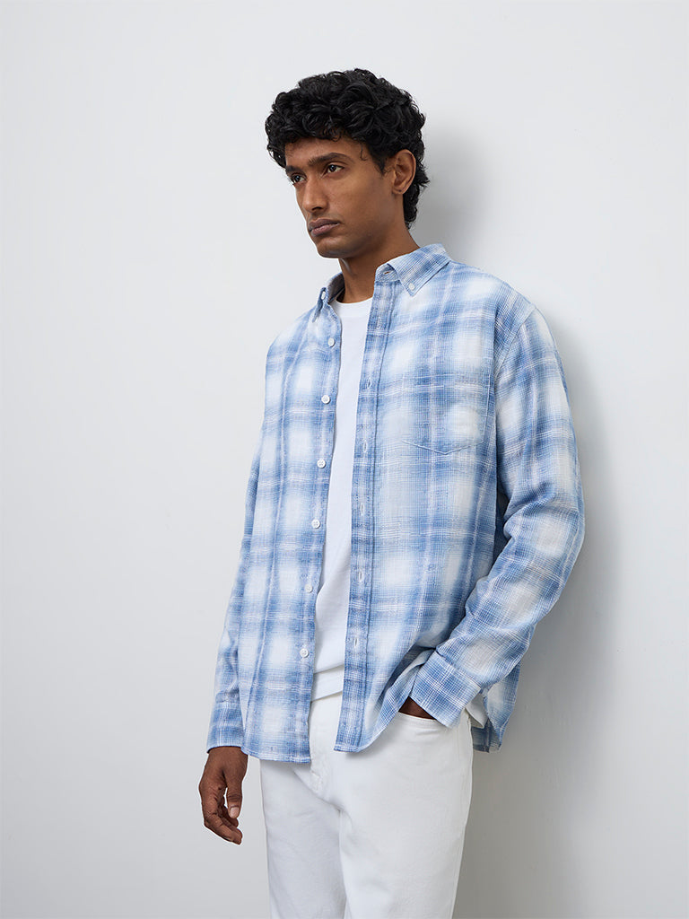 WES Casuals Blue Checkered Relaxed-Fit Cotton Shirt