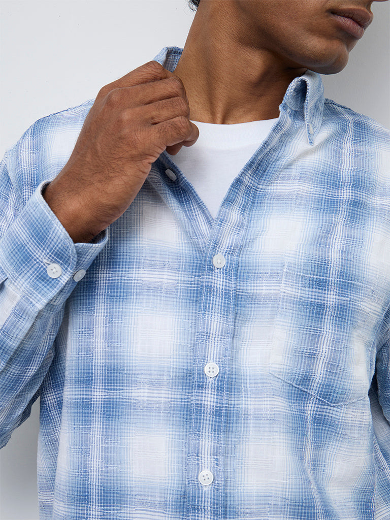 WES Casuals Blue Checkered Relaxed-Fit Cotton Shirt