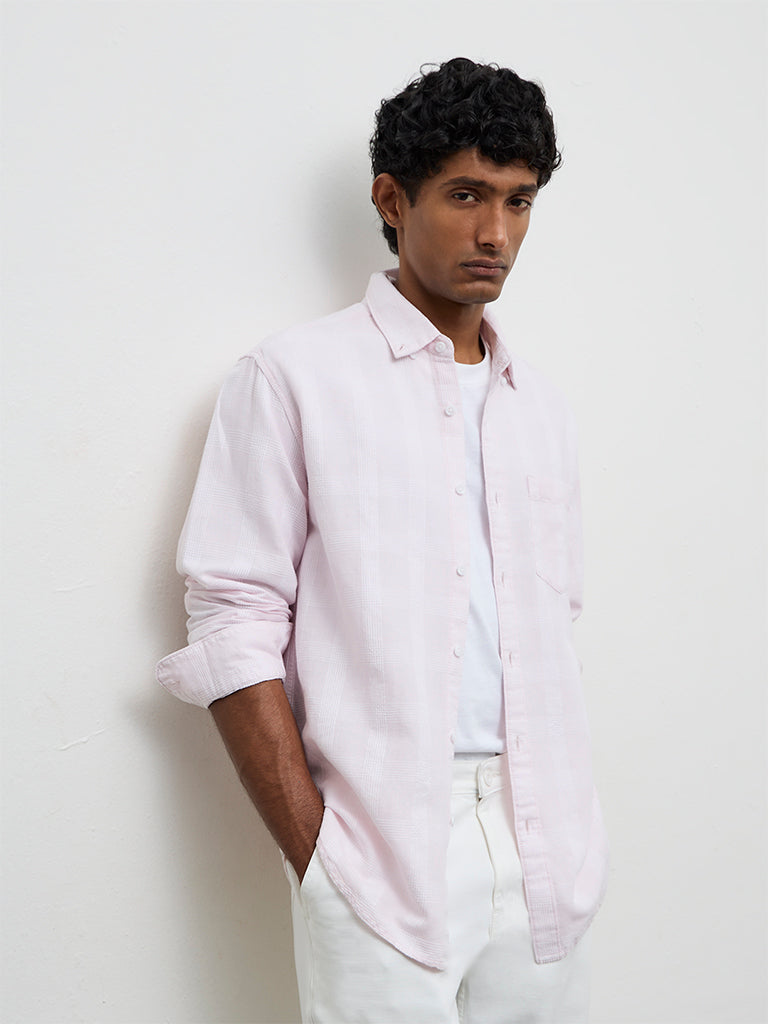 WES Casuals Light Pink Checkered Relaxed-Fit Cotton-Blend Shirt
