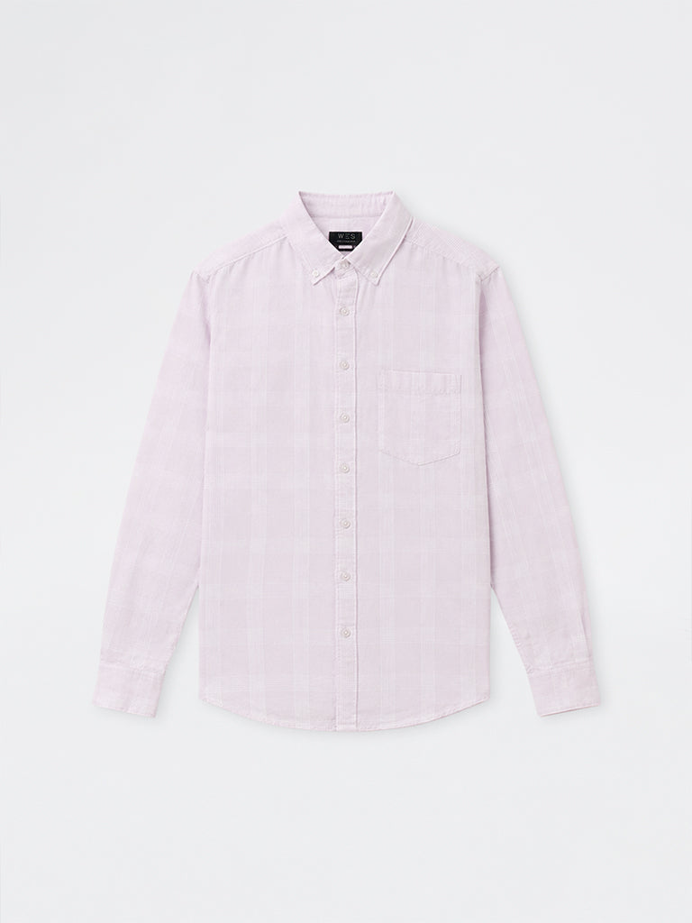WES Casuals Light Pink Checkered Relaxed-Fit Cotton-Blend Shirt