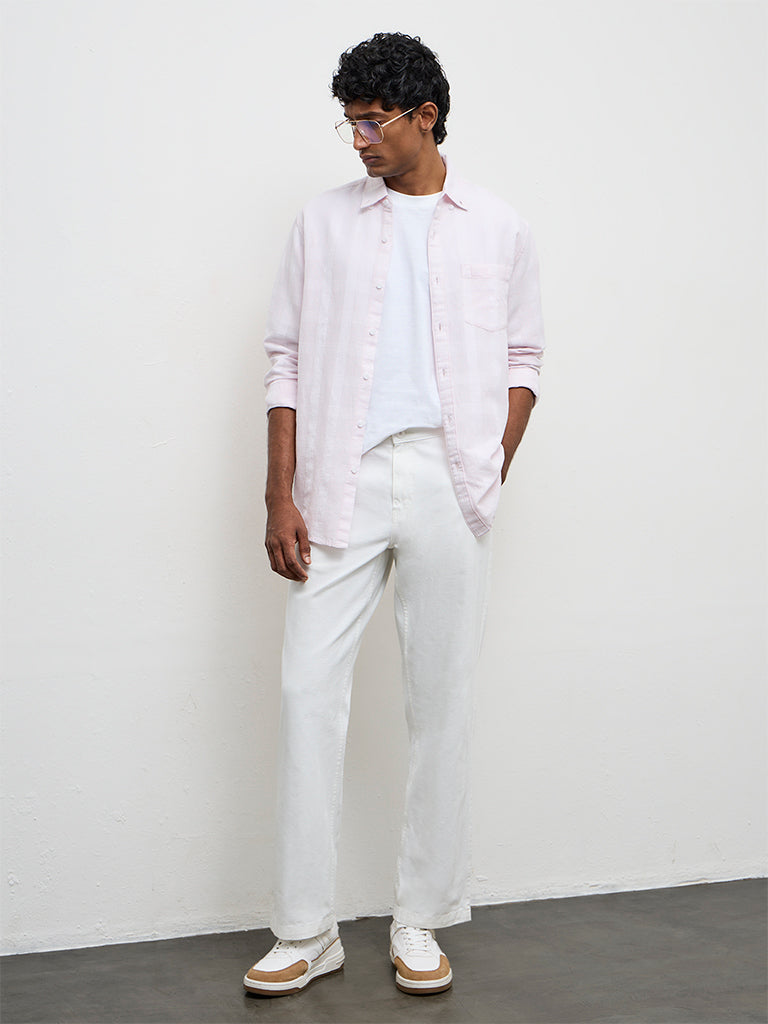 WES Casuals Light Pink Checkered Relaxed-Fit Cotton-Blend Shirt