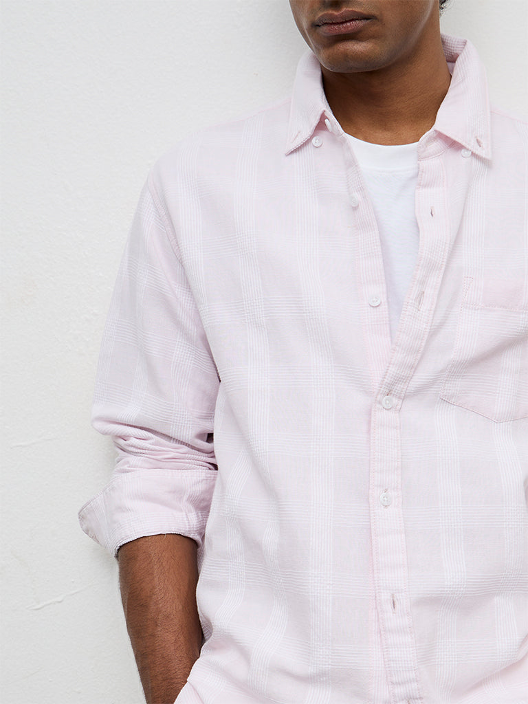 WES Casuals Light Pink Checkered Relaxed-Fit Cotton-Blend Shirt