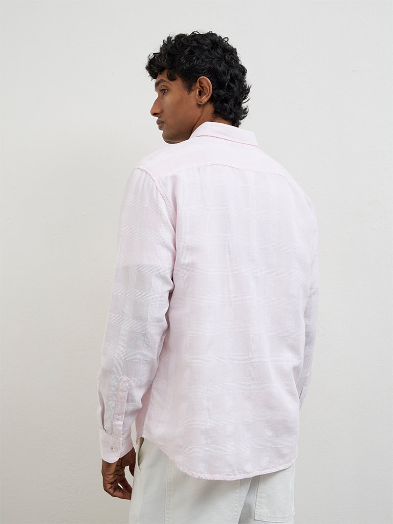 WES Casuals Light Pink Checkered Relaxed-Fit Cotton-Blend Shirt