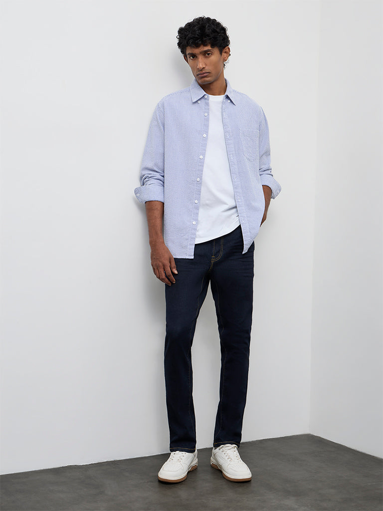 WES Casuals Blue Striped Slim-Fit Cotton Shirt
