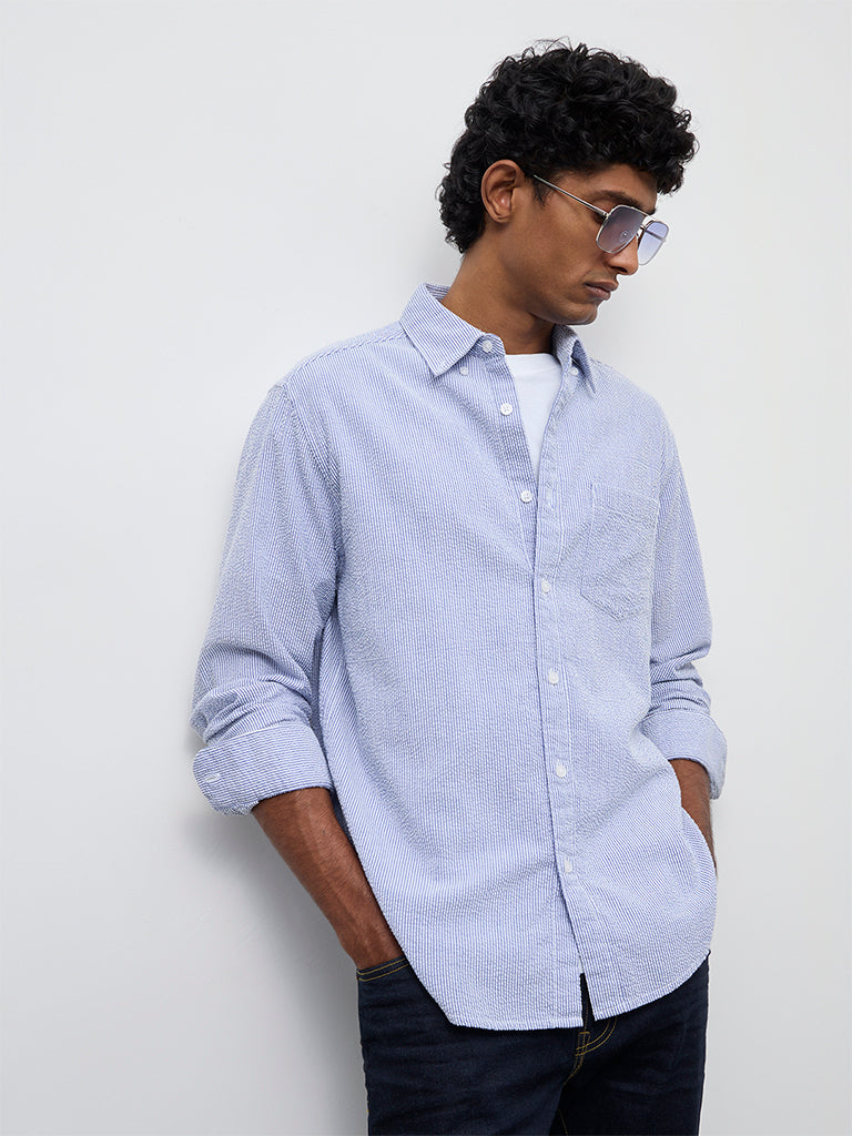 WES Casuals Blue Striped Slim-Fit Cotton Shirt