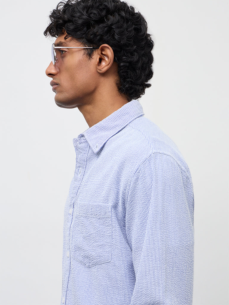 WES Casuals Blue Striped Slim-Fit Cotton Shirt