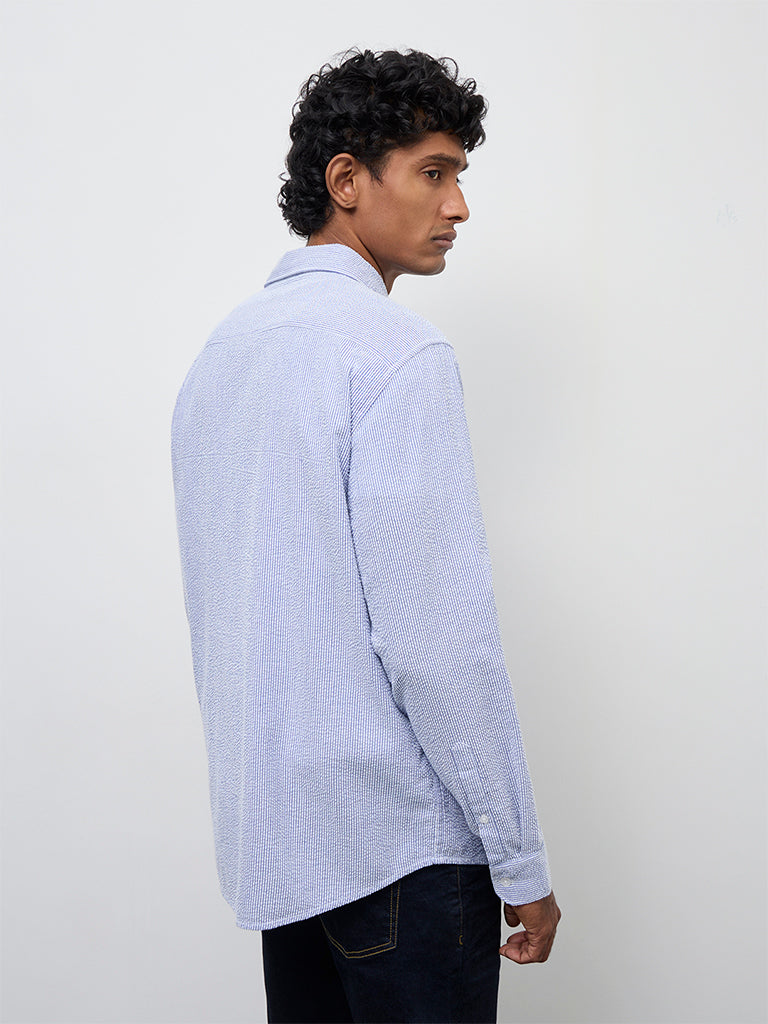 WES Casuals Blue Striped Slim-Fit Cotton Shirt
