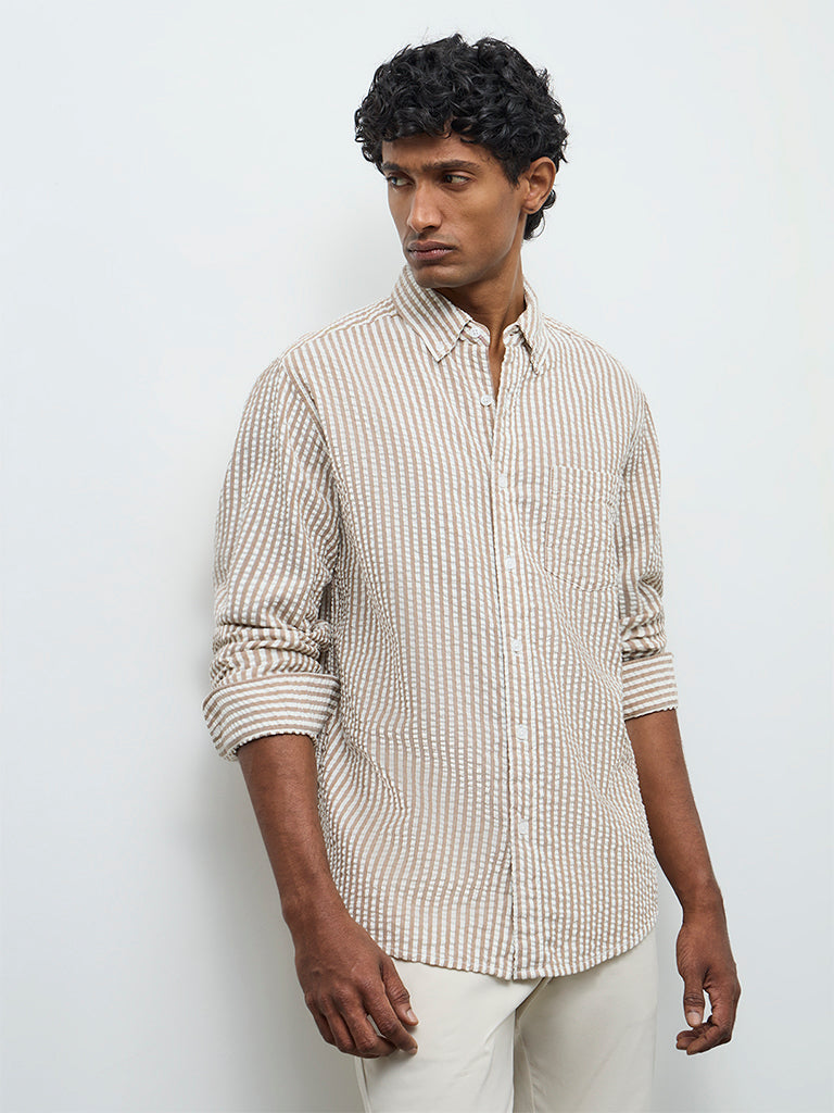 WES Casuals Beige Striped Relaxed-Fit Cotton Shirt