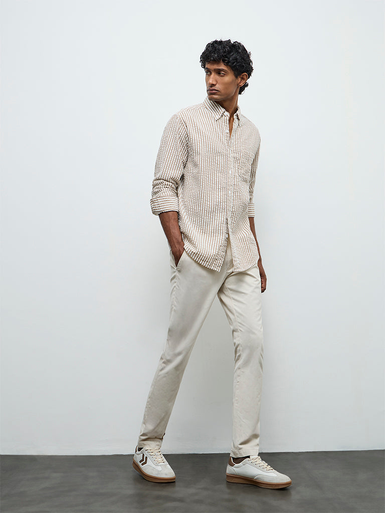 WES Casuals Beige Striped Relaxed-Fit Cotton Shirt