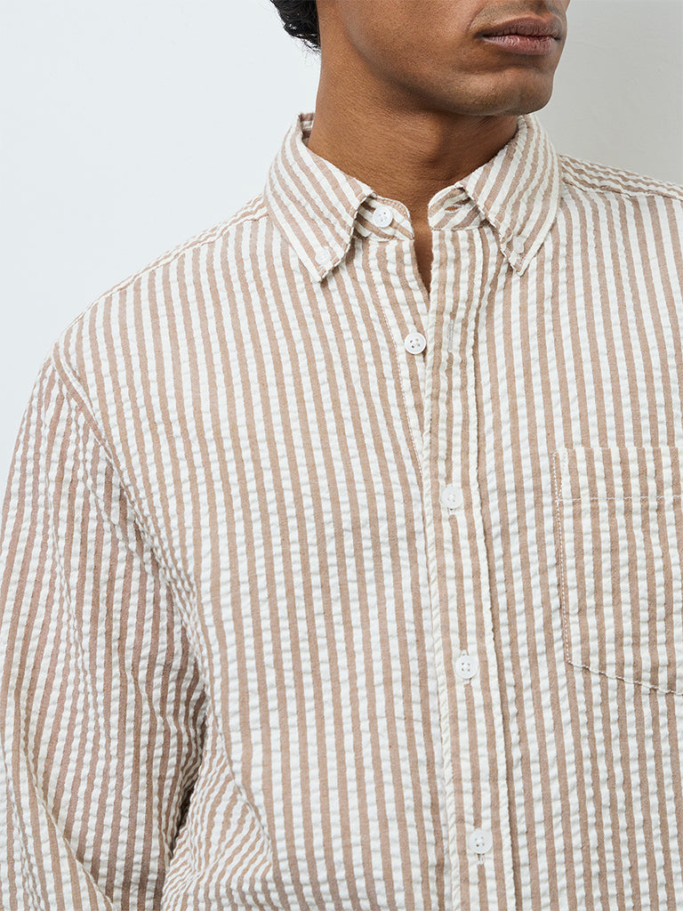 WES Casuals Beige Striped Relaxed-Fit Cotton Shirt
