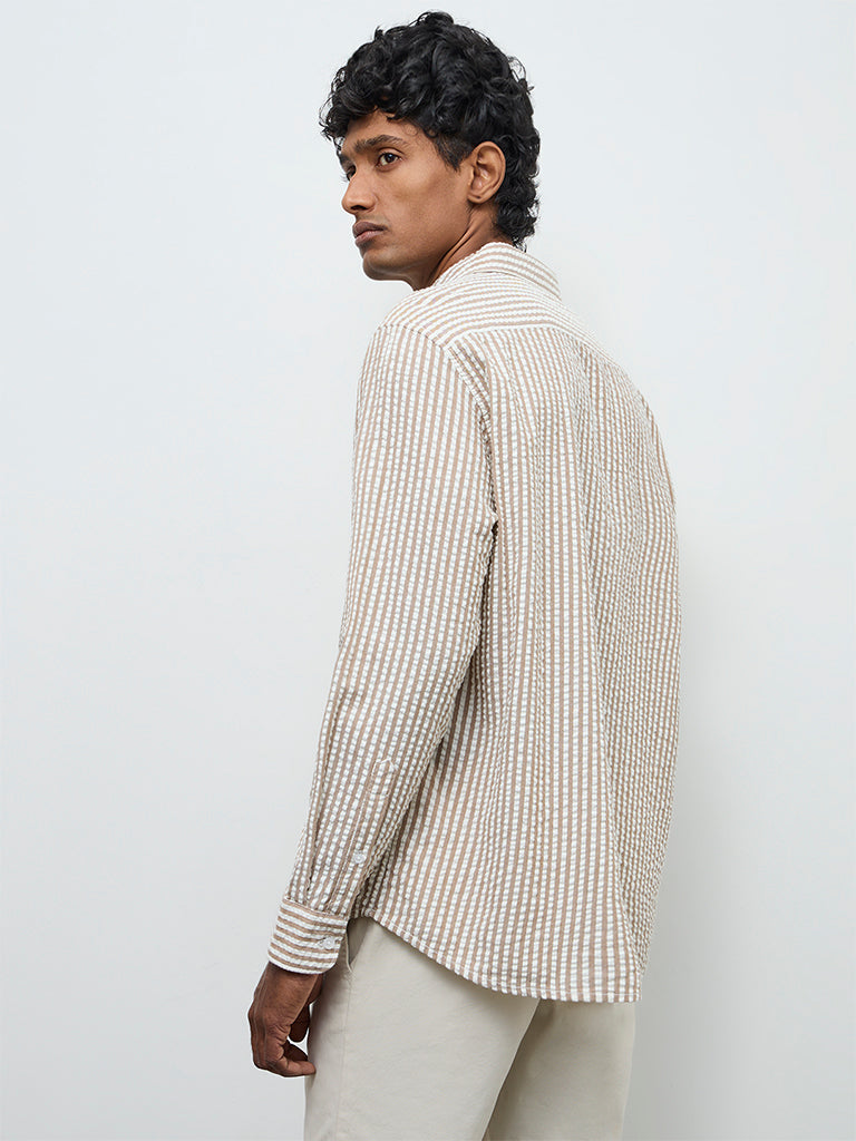 WES Casuals Beige Striped Relaxed-Fit Cotton Shirt