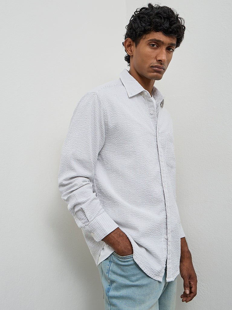 WES Casuals Grey Striped Relaxed-Fit Cotton Shirt