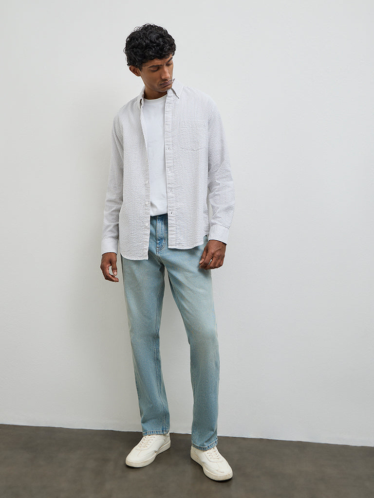 WES Casuals Grey Striped Relaxed-Fit Cotton Shirt