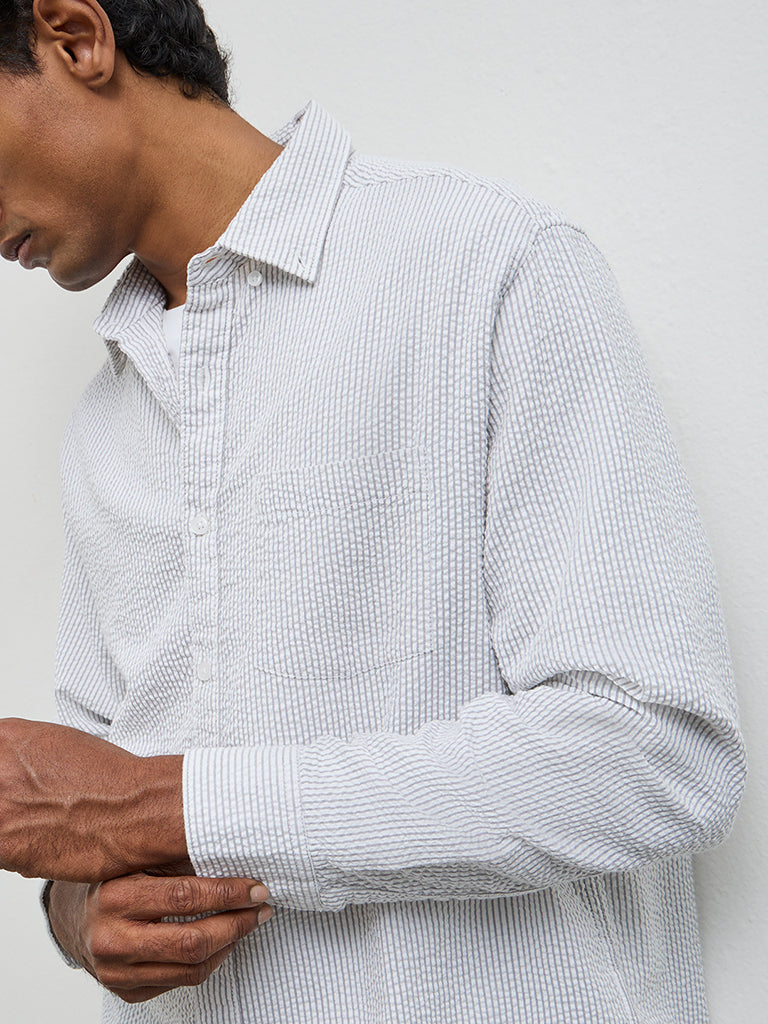 WES Casuals Grey Striped Relaxed-Fit Cotton Shirt