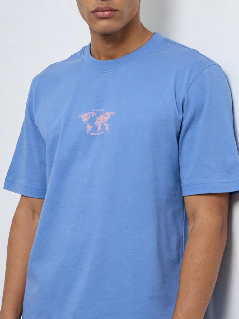 WES Casuals Blue Printed Relaxed-Fit Cotton Swimwear T-Shirt