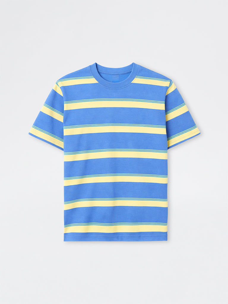 WES Casuals Blue Striped Relaxed-Fit Swimwear T-Shirt