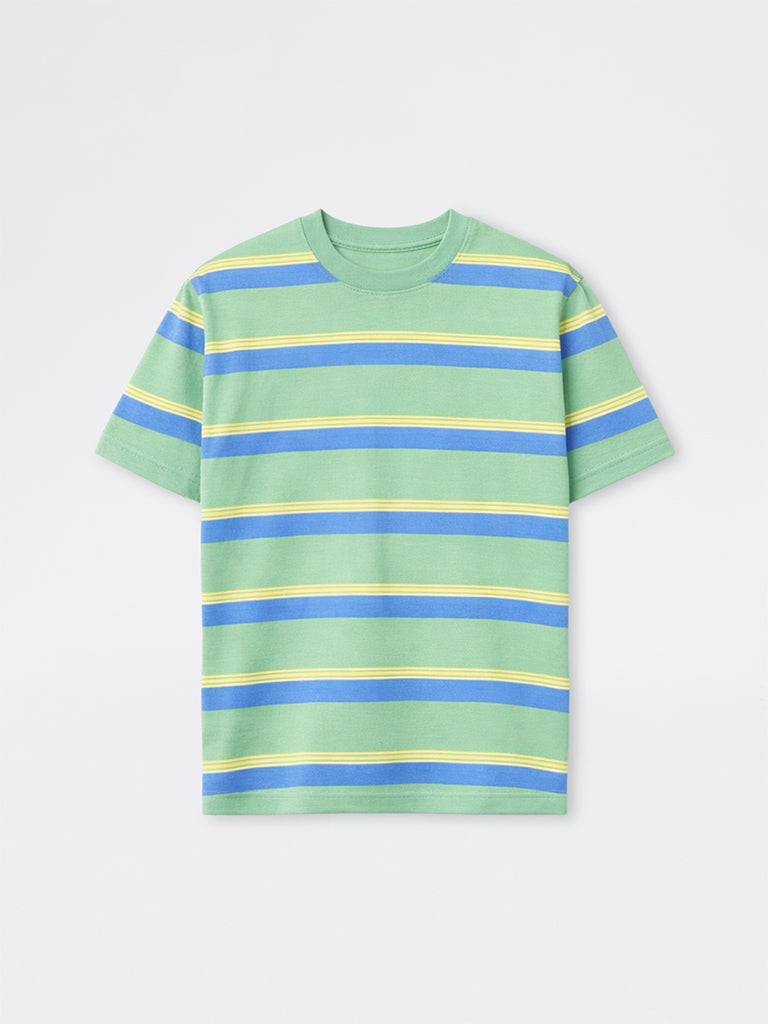 WES Casuals Green Striped Relaxed-Fit Swimwear T-Shirt
