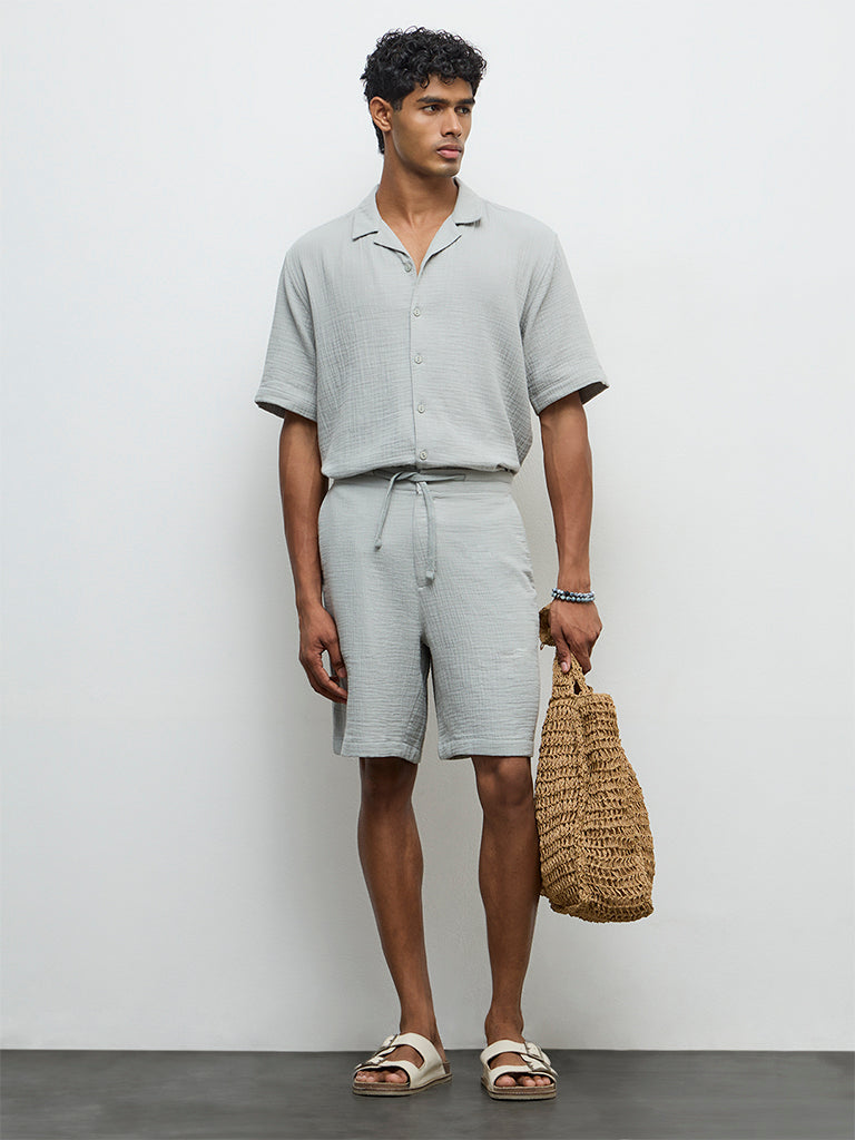 ETA Light Teal Crinkle-Textured Relaxed-Fit Mid-Rise Cotton Shorts