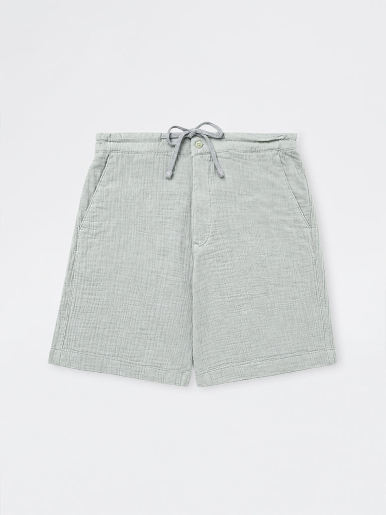 ETA Light Teal Crinkle-Textured Relaxed-Fit Mid-Rise Cotton Shorts